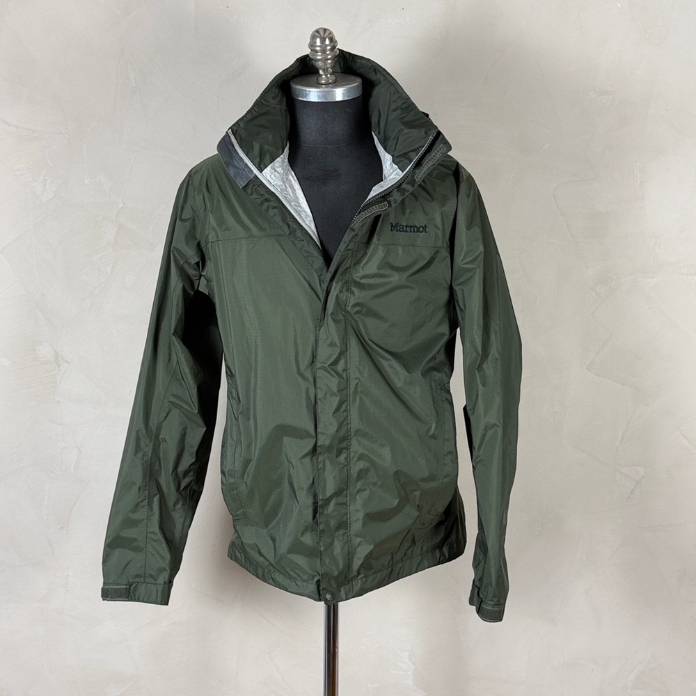Marmot Lightweight Olive Rain Shell Jacket Hooded Waterproof L